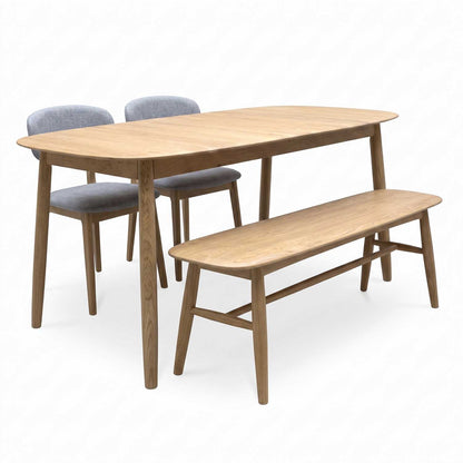 Stockholm Light Oak Solid Oak 160cm Extending Dining Table with 150cm Dining Bench + 2 Dining Chairs – view 4