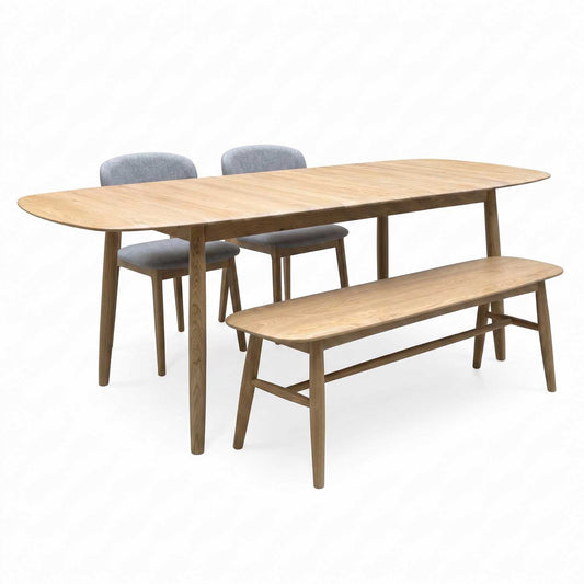 'Stockholm' Light Oak Solid Oak 160cm Extending Dining Table with 150cm Dining Bench + 2 Dining Chairs