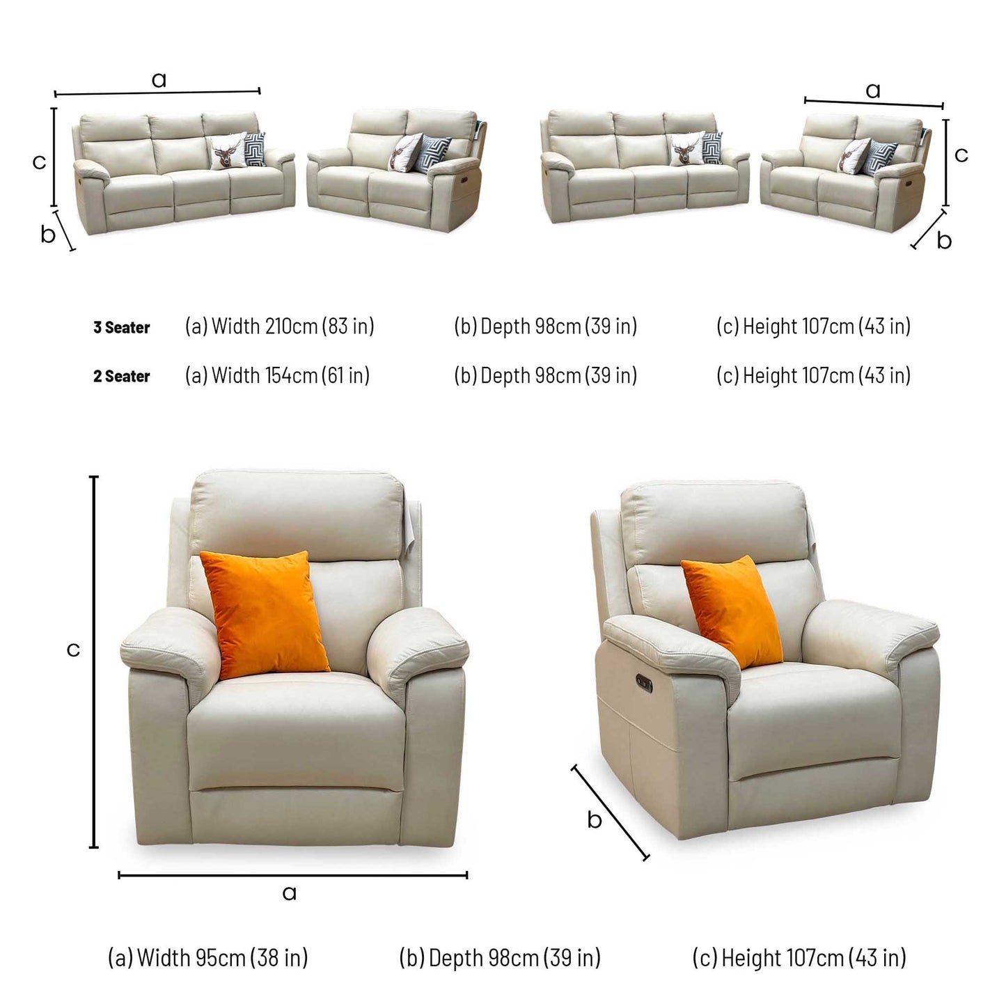 ‘Raven’ Montana Bone China Cat-60 05 Cream Leather Set: 3 + 2 Seater Power Recliner With Power Chair Sofa Set