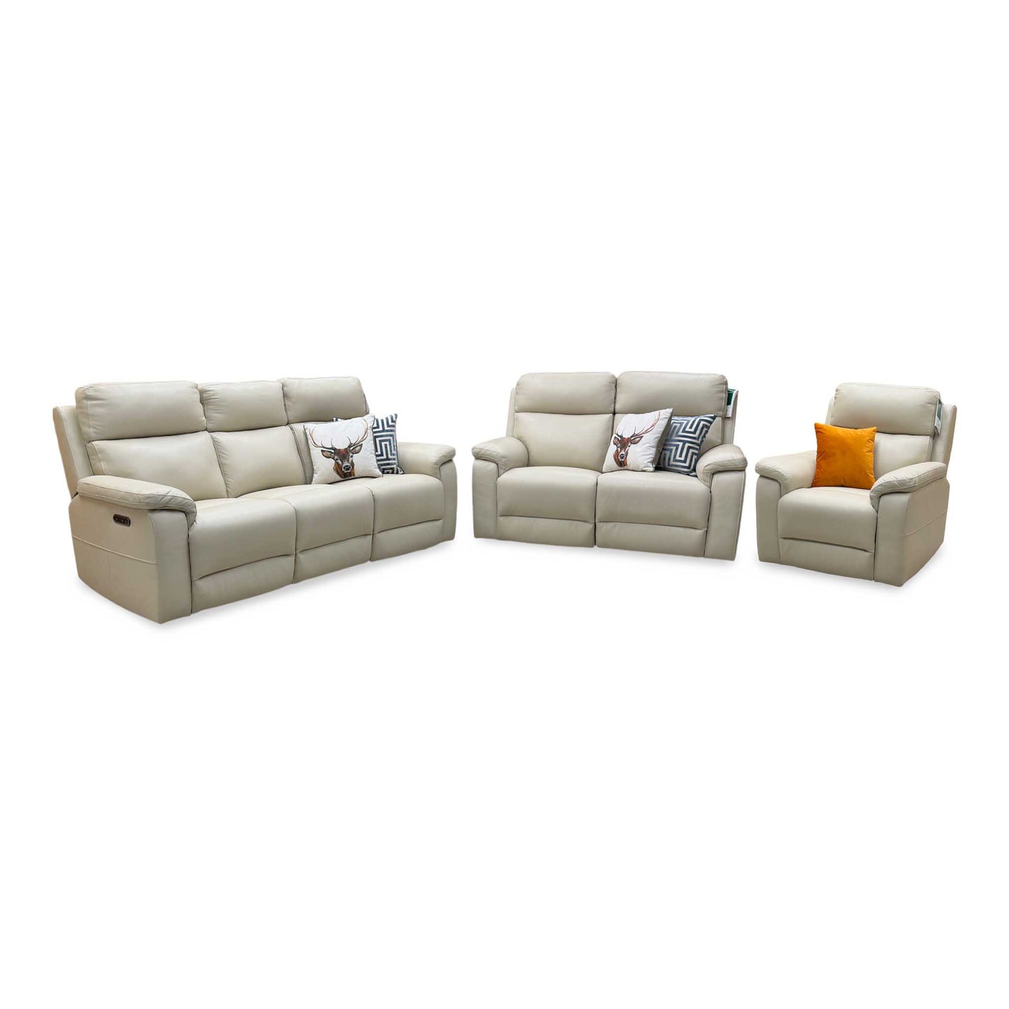 ‘Raven’ Montana Bone China Cat-60 05 Cream Leather Set: 3 + 2 Seater Power Recliner With Power Chair Sofa Set