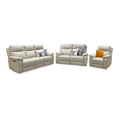 ‘Raven’ Montana Bone China Cat-60 05 Cream Leather Set: 3 + 2 Seater Power Recliner With Power Chair Sofa Set