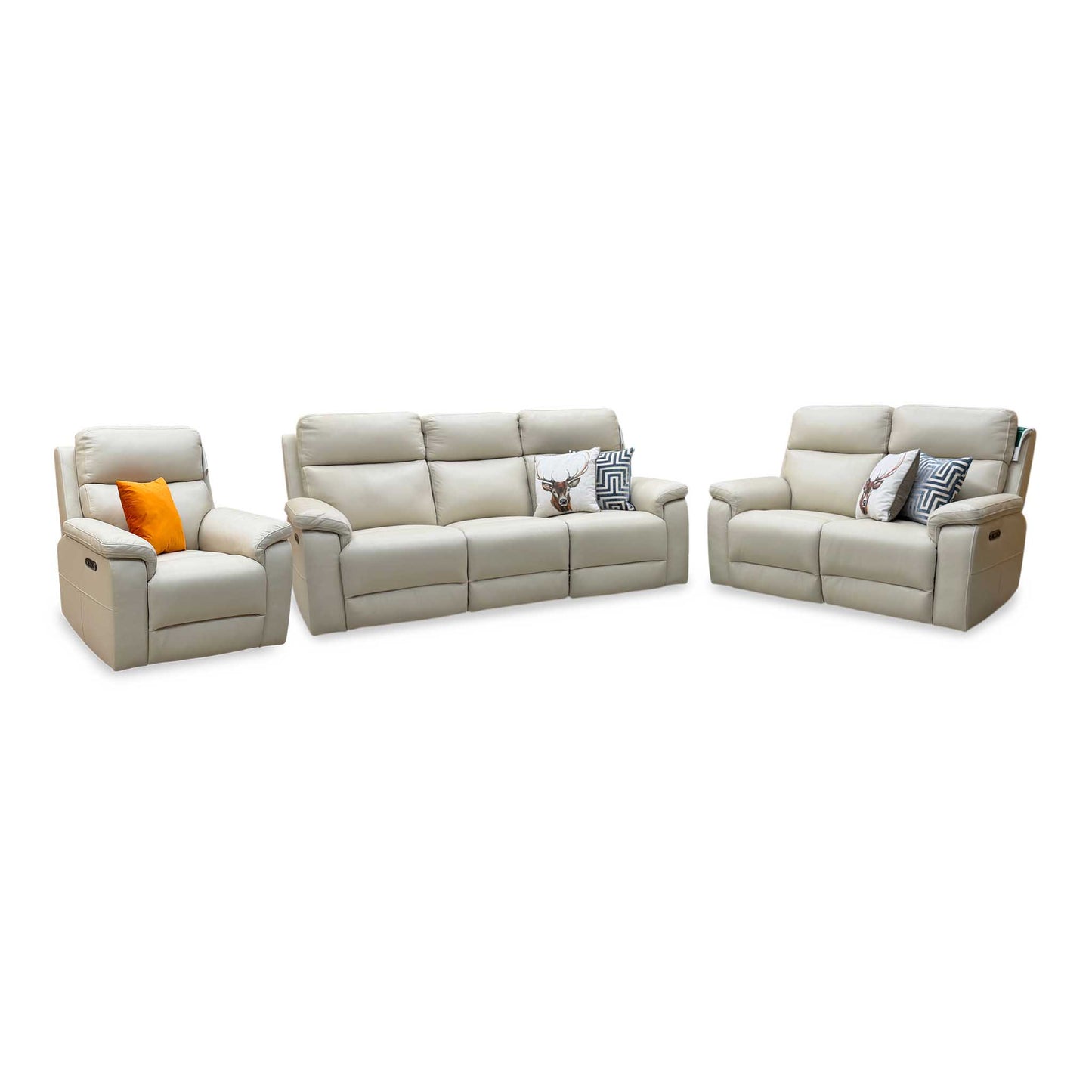 ‘Raven’ Montana Bone China Cat-60 05 Cream Leather Set: 3 + 2 Seater Power Recliner With Power Chair Sofa Set