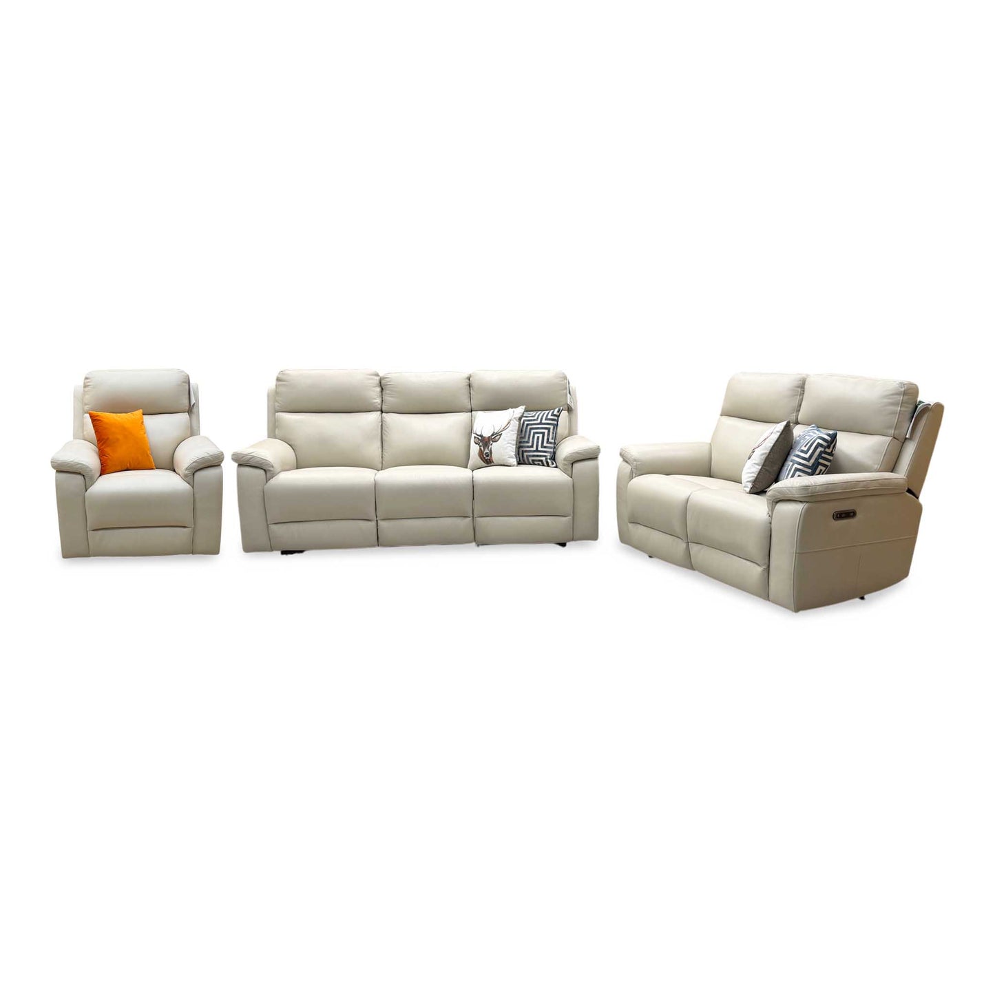 ‘Raven’ Montana Bone China Cat-60 05 Cream Leather Set: 3 + 2 Seater Power Recliner With Power Chair Sofa Set