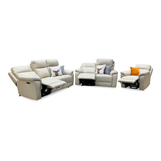 ‘Raven’ Montana Bone China Cat-60 05 Cream Leather Set: 3 + 2 Seater Power Recliner With Power Chair Sofa Set