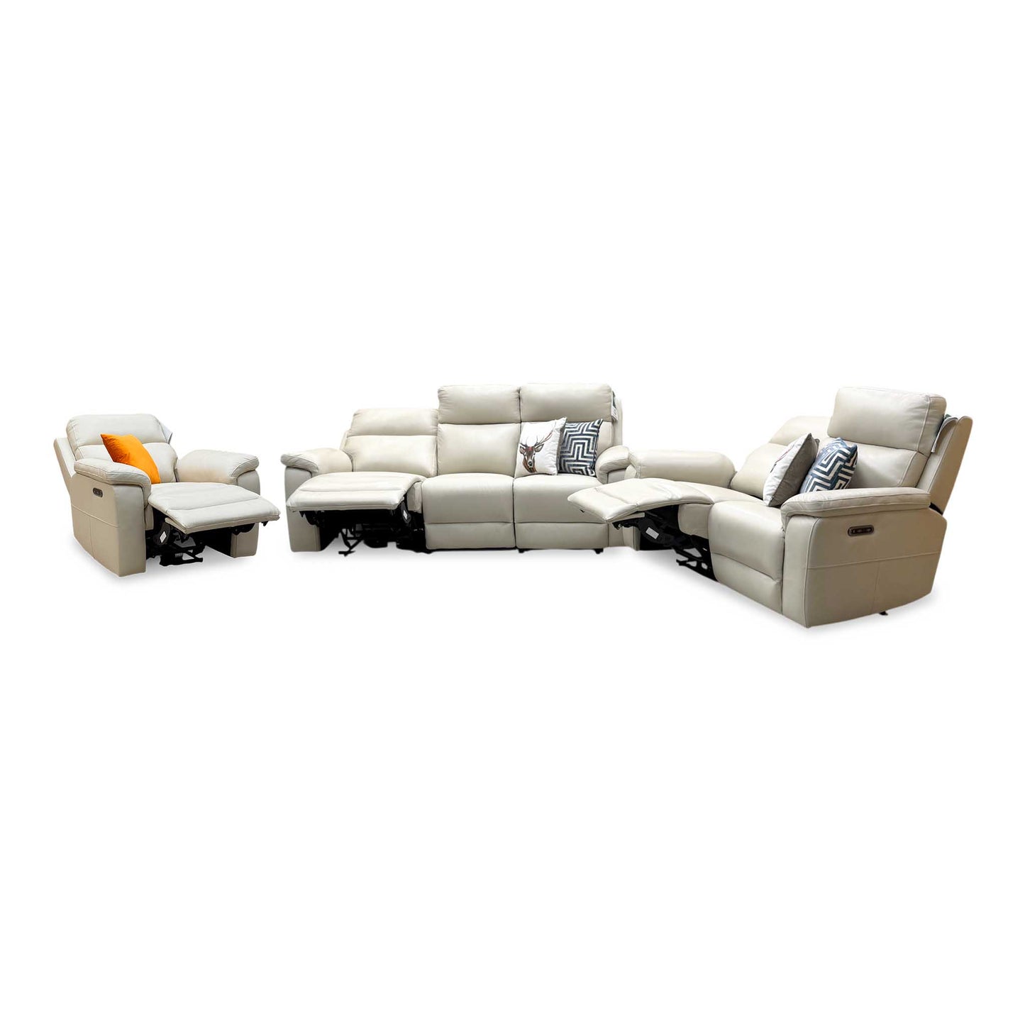 ‘Raven’ Montana Bone China Cat-60 05 Cream Leather Set: 3 + 2 Seater Power Recliner With Power Chair Sofa Set