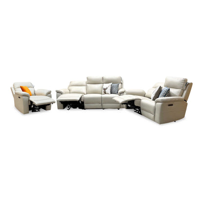 ‘Raven’ Montana Bone China Cat-60 05 Cream Leather Set: 3 + 2 Seater Power Recliner With Power Chair Sofa Set