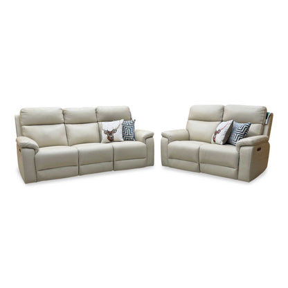 ‘Raven’ Montana Bone China Cat-60_05 Cream Leather 3 + 2 Seater Power Recliner Sofa Set