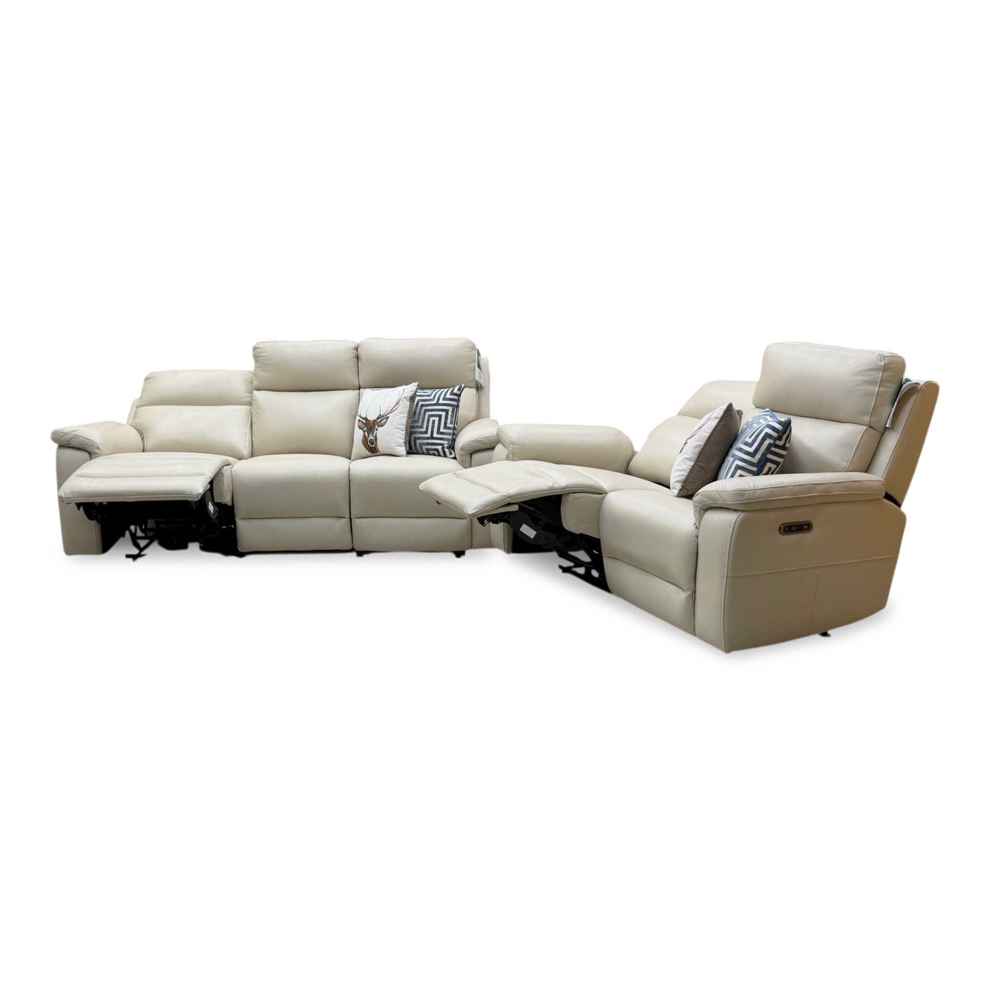 ‘Raven’ Montana Bone China Cat-60_05 Cream Leather 3 + 2 Seater Power Recliner Sofa Set