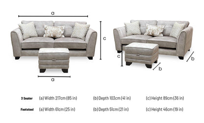 ‘Mariah’ Dapple Silver-No Insert Velvet Fabric Classic Back 3 Seater Sofa + Small Storage Footstool