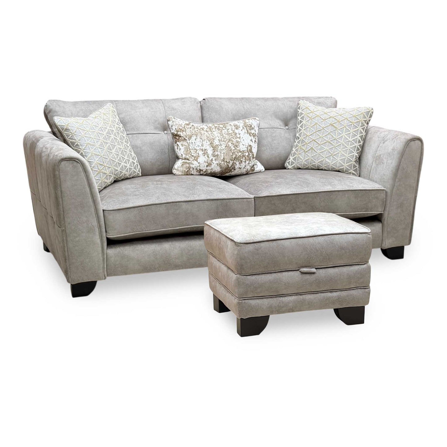 ‘Mariah’ Dapple Silver-No Insert Velvet Fabric Classic Back 3 Seater Sofa + Small Storage Footstool