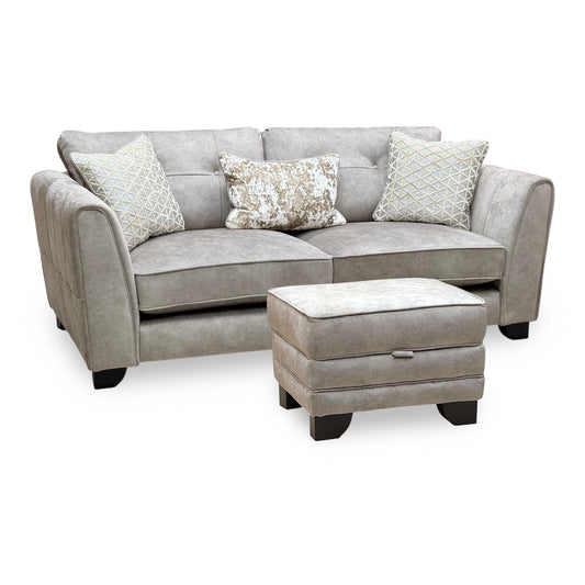 ‘Mariah’ Dapple Silver-No Insert Velvet Fabric Classic Back 3 Seater Sofa + Small Storage Footstool