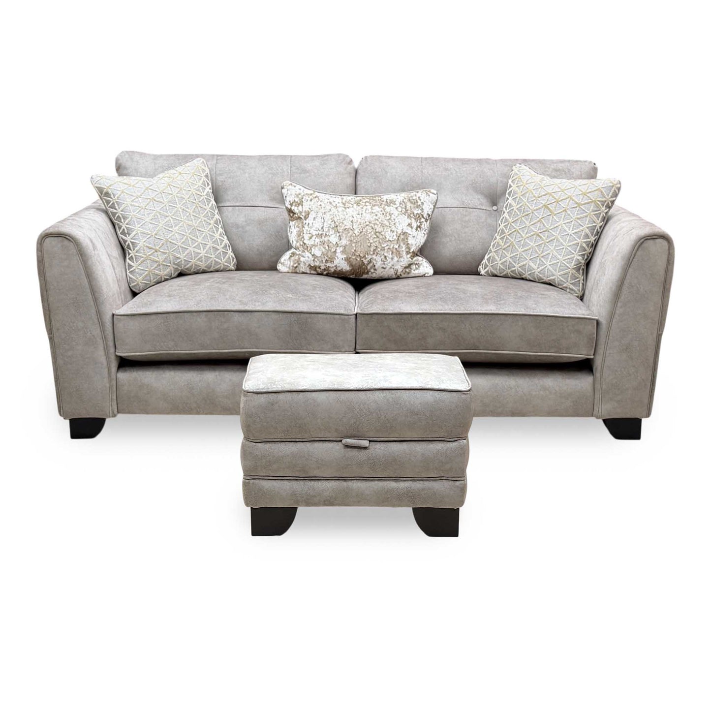 ‘Mariah’ Dapple Silver-No Insert Velvet Fabric Classic Back 3 Seater Sofa + Small Storage Footstool