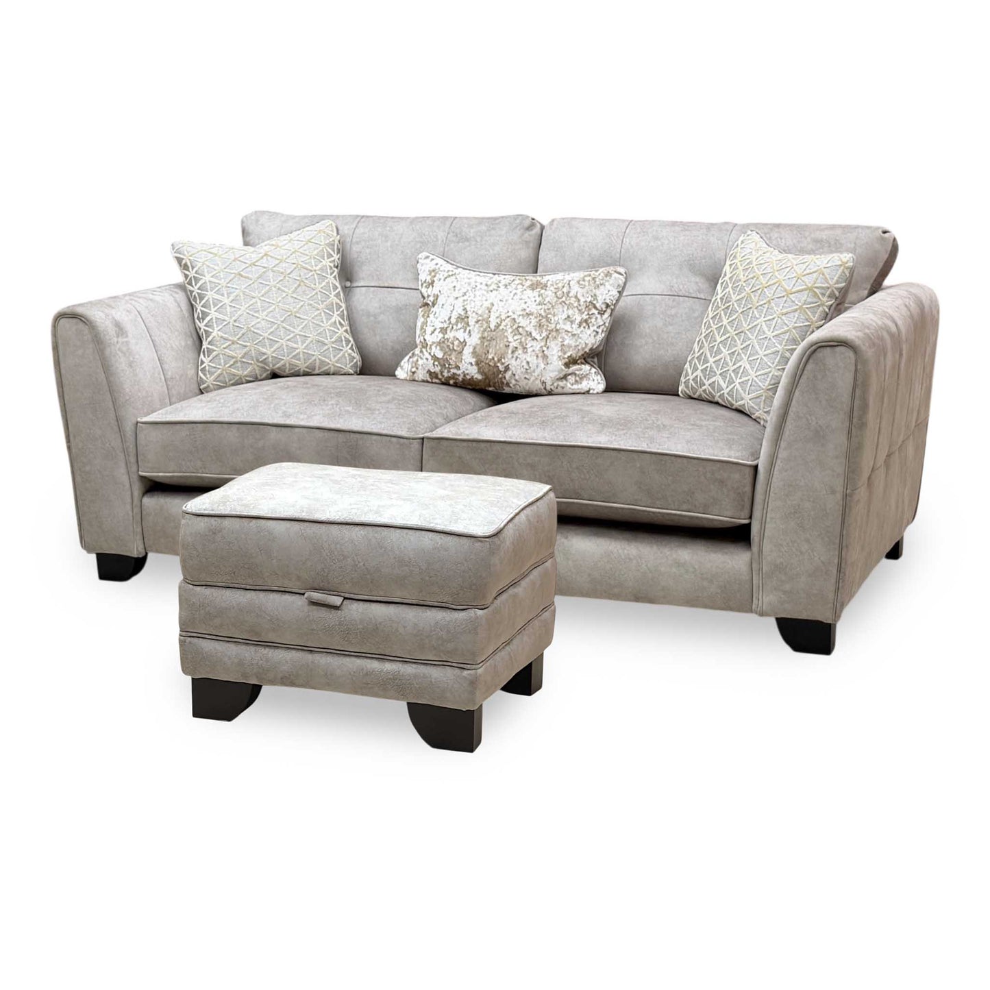 ‘Mariah’ Dapple Silver-No Insert Velvet Fabric Classic Back 3 Seater Sofa + Small Storage Footstool