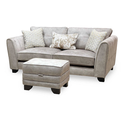 ‘Mariah’ Dapple Silver-No Insert Velvet Fabric Classic Back 3 Seater Sofa + Small Storage Footstool