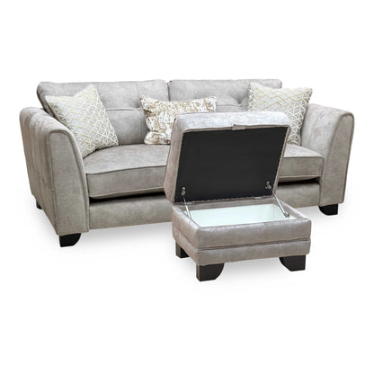 ‘Mariah’ Dapple Silver-No Insert Velvet Fabric Classic Back 3 Seater Sofa + Small Storage Footstool