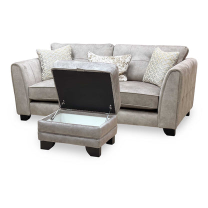 ‘Mariah’ Dapple Silver-No Insert Velvet Fabric Classic Back 3 Seater Sofa + Small Storage Footstool