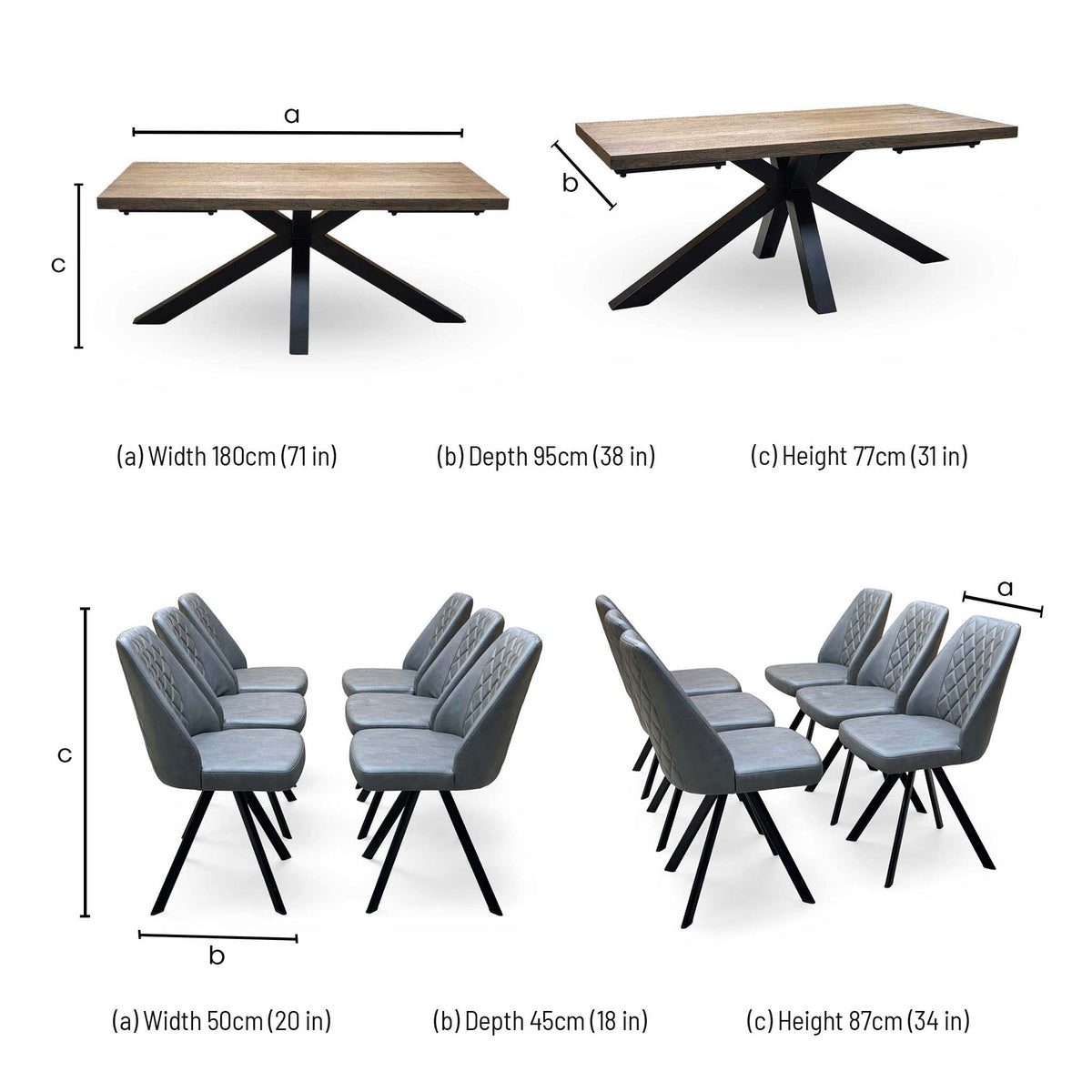 'Jupiter' Dark Oak Solid Oak 180cm Dining Table with Star Base +  Grey Faux Leather Swivel Chairs Set of 6