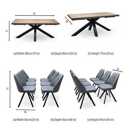 'Jupiter' Dark Oak Solid Oak 180cm Dining Table with Star Base +  Grey Faux Leather Swivel Chairs Set of 6