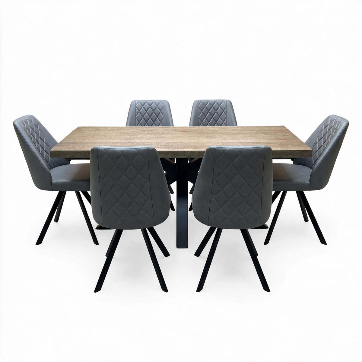 'Jupiter' Dark Oak Solid Oak 180cm Dining Table with Star Base +  Grey Faux Leather Swivel Chairs Set of 6