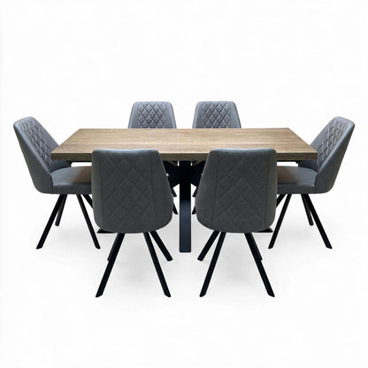'Jupiter' Dark Oak Solid Oak 180cm Dining Table with Star Base +  Grey Faux Leather Swivel Chairs Set of 6