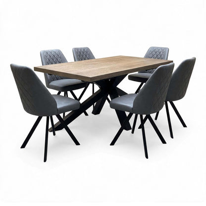 'Jupiter' Dark Oak Solid Oak 180cm Dining Table with Star Base +  Grey Faux Leather Swivel Chairs Set of 6