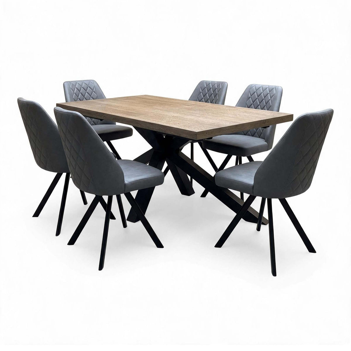 'Jupiter' Dark Oak Solid Oak 180cm Dining Table with Star Base +  Grey Faux Leather Swivel Chairs Set of 6