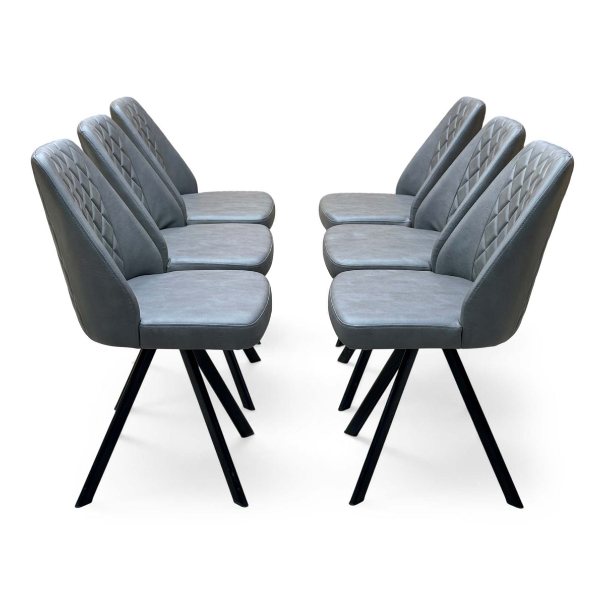 'Jupiter' Dark Oak Solid Oak 180cm Dining Table with Star Base +  Grey Faux Leather Swivel Chairs Set of 6