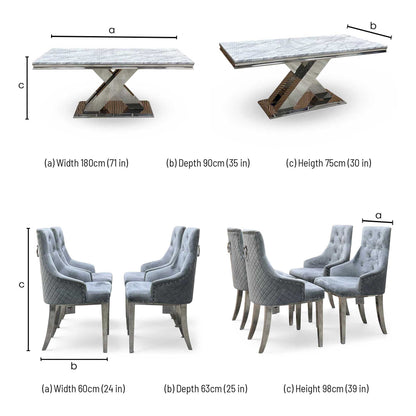 ‘Dolce’ Real Marble Large 180cm Fixed Dining Table with Silver Velvet Fabric Dining Chairs Set of 4