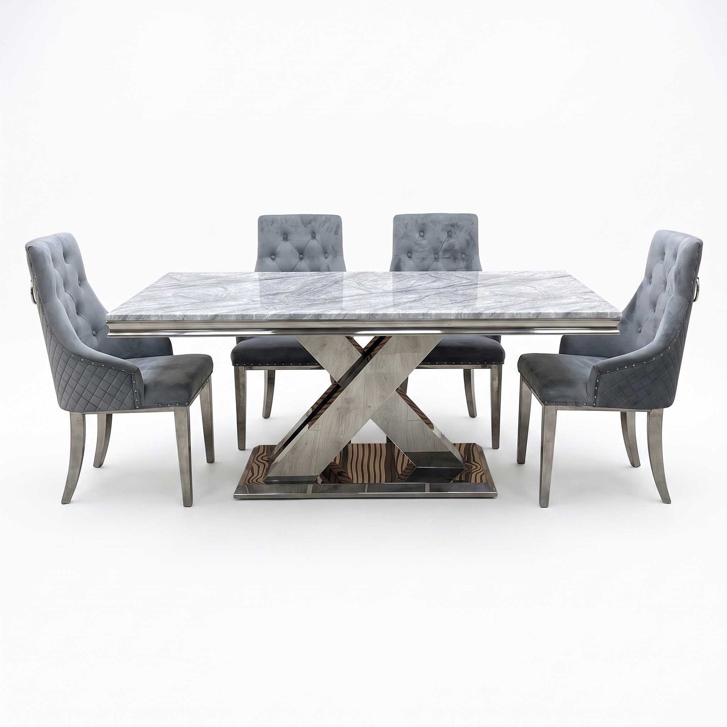 ‘Dolce’ Real Marble Large 180cm Fixed Dining Table with Silver Velvet Fabric Dining Chairs Set of 4