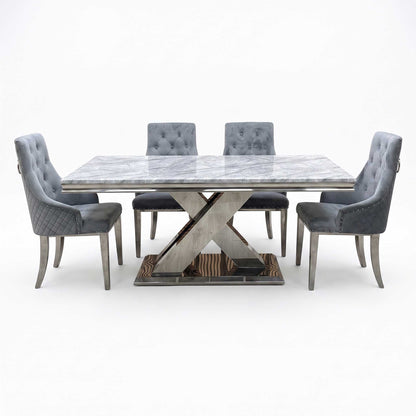 ‘Dolce’ Real Marble Large 180cm Fixed Dining Table with Silver Velvet Fabric Dining Chairs Set of 4
