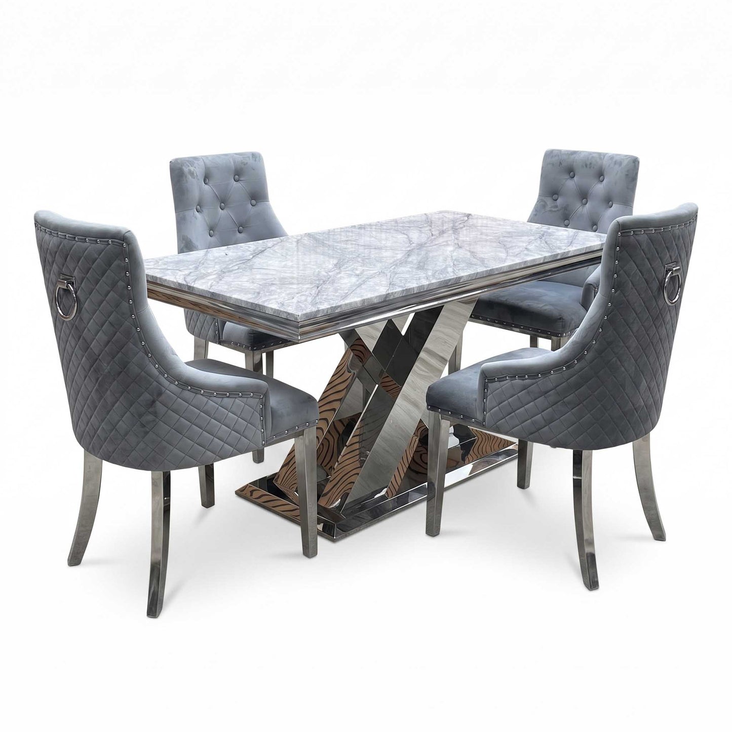 ‘Dolce’ Real Marble Large 180cm Fixed Dining Table with Silver Velvet Fabric Dining Chairs Set of 4