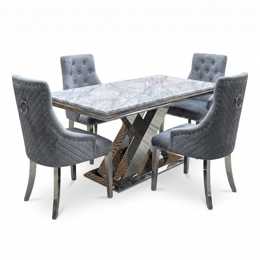 ‘Dolce’ Real Marble Large 180cm Fixed Dining Table with Silver Velvet Fabric Dining Chairs Set of 4
