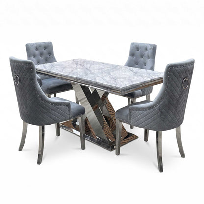 ‘Dolce’ Real Marble Large 180cm Fixed Dining Table with Silver Velvet Fabric Dining Chairs Set of 4