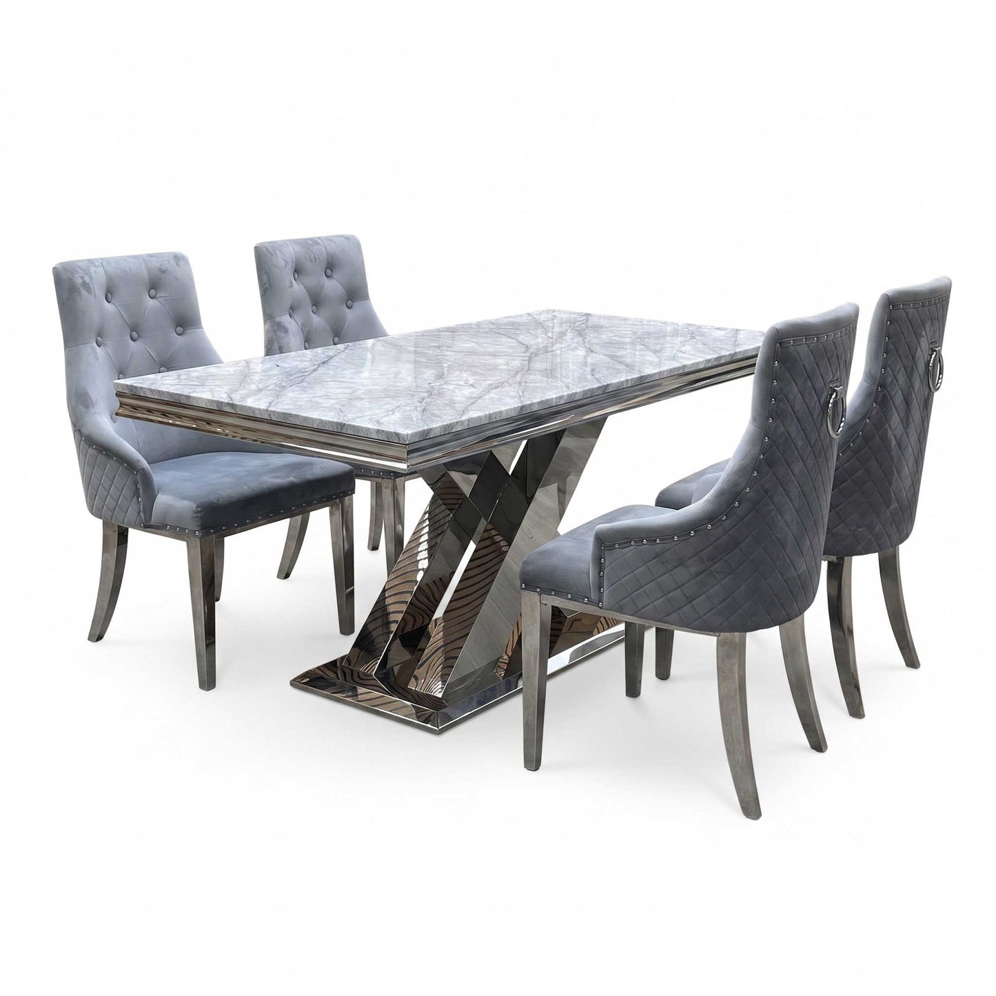 ‘Dolce’ Real Marble Large 180cm Fixed Dining Table with Silver Velvet Fabric Dining Chairs Set of 4