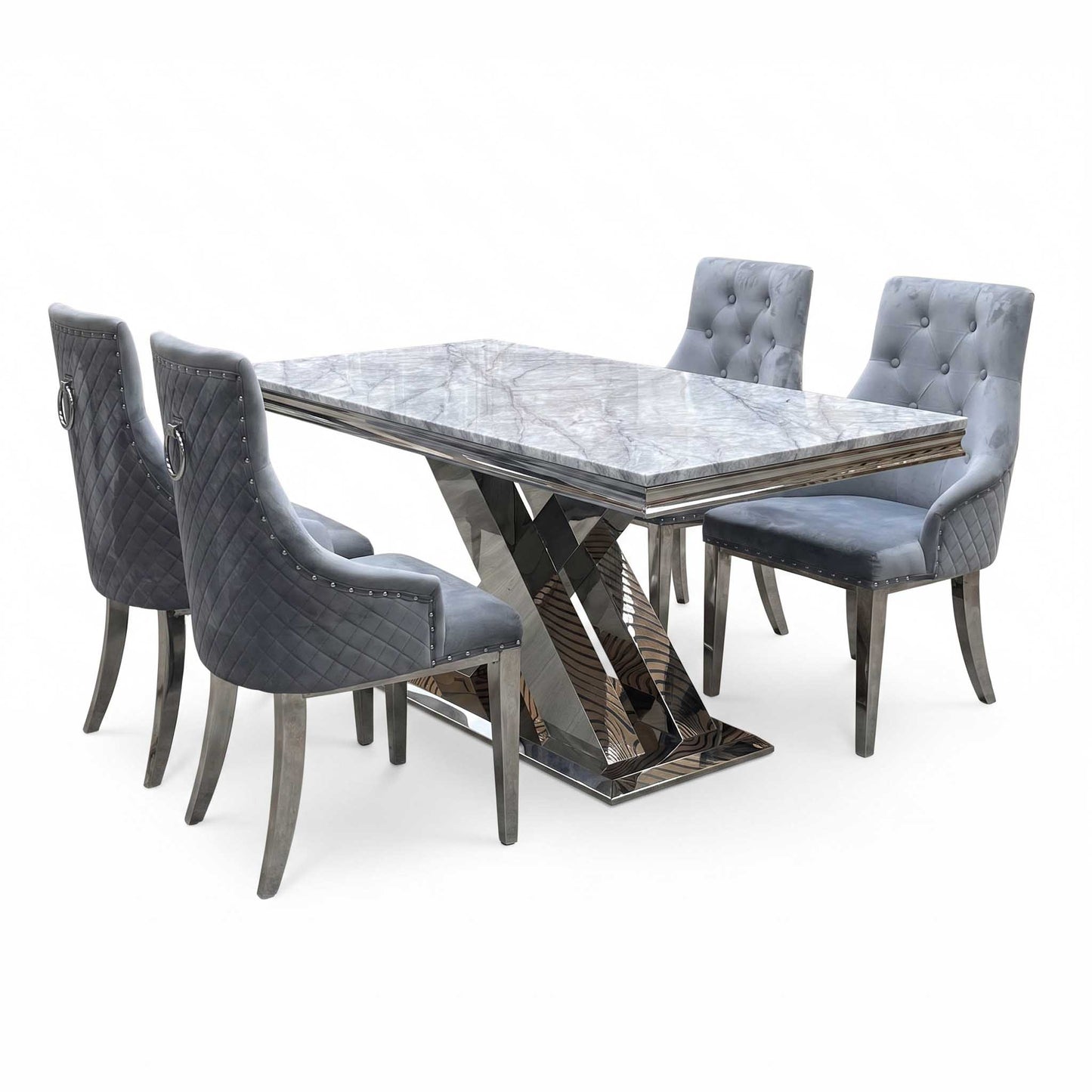 ‘Dolce’ Real Marble Large 180cm Fixed Dining Table with Silver Velvet Fabric Dining Chairs Set of 4