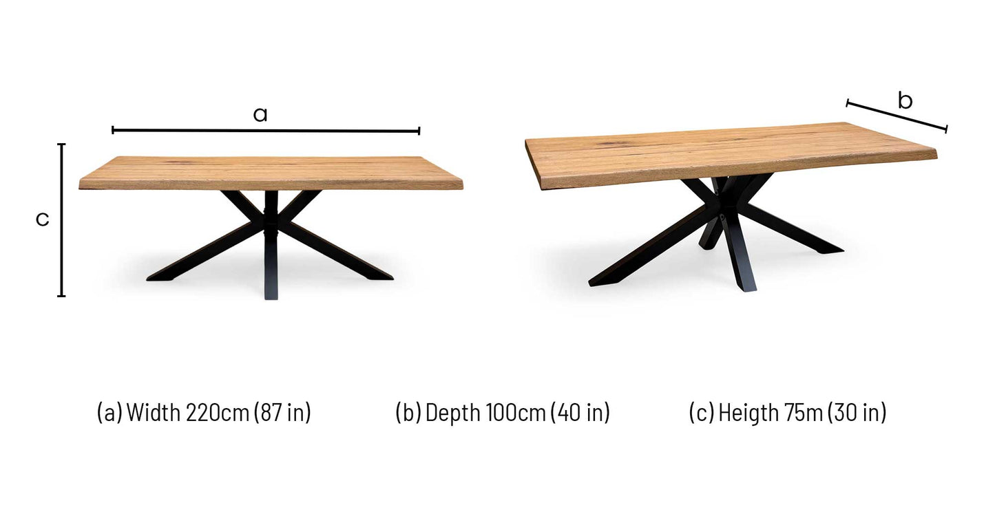 ‘Bodahl ‘Njord’ 6 Bassano Solid Oak Raw Edge 220cm Dining Table with Metal Star Base