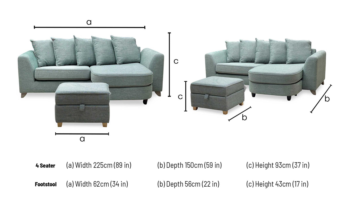 'Lorella' Duck Egg Blue Fabric Pillow Back 4 Seater Lounger with Storage Footstool