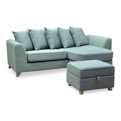 'Lorella' Duck Egg Blue Fabric Pillow Back 4 Seater Lounger with Storage Footstool
