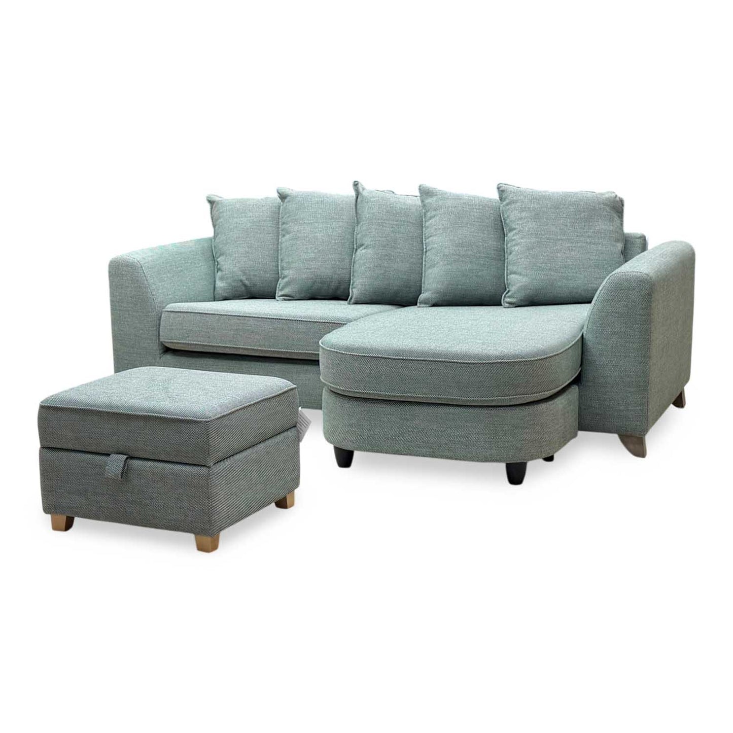 'Lorella' Duck Egg Blue Fabric Pillow Back 4 Seater Lounger with Storage Footstool