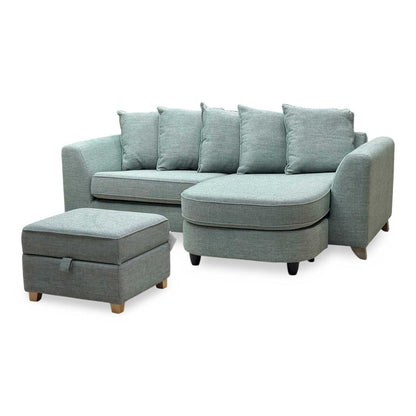 'Lorella' Duck Egg Blue Fabric Pillow Back 4 Seater Lounger with Storage Footstool