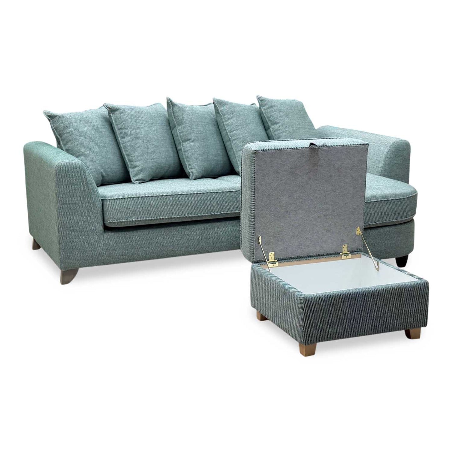 'Lorella' Duck Egg Blue Fabric Pillow Back 4 Seater Lounger with Storage Footstool