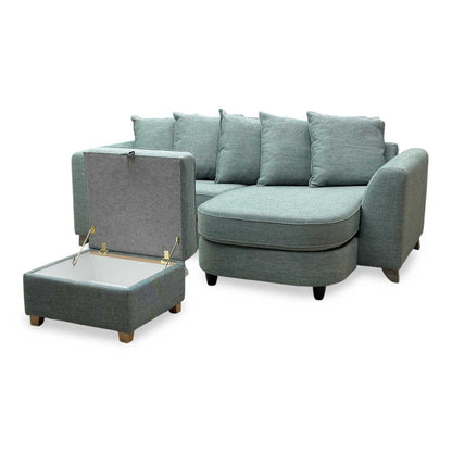 'Lorella' Duck Egg Blue Fabric Pillow Back 4 Seater Lounger with Storage Footstool