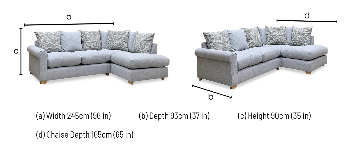 ‘Lilah’ Silver Fabric Pillow Back Left Hand Facing Arm Open End Corner Sofa