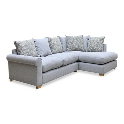‘Lilah’ Silver Fabric Pillow Back Left Hand Facing Arm Open End Corner Sofa