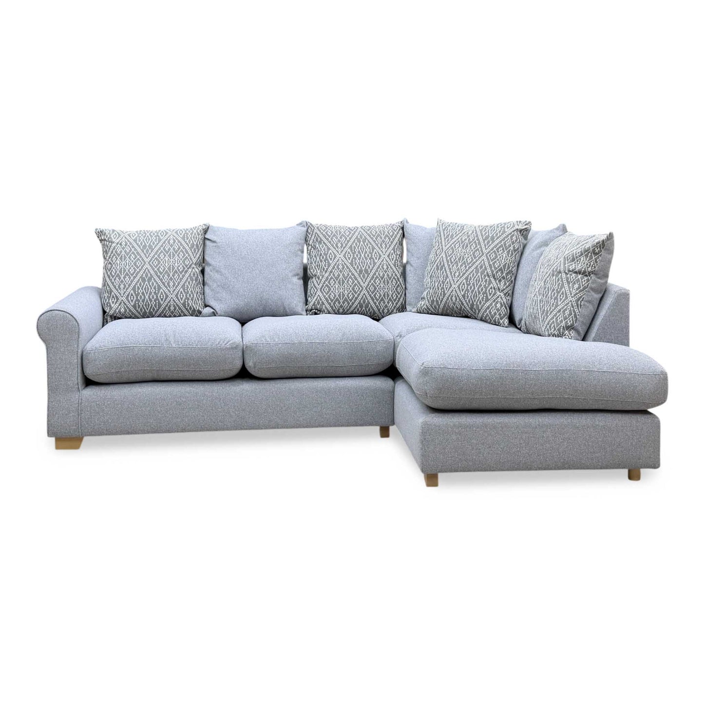 ‘Lilah’ Silver Fabric Pillow Back Left Hand Facing Arm Open End Corner Sofa