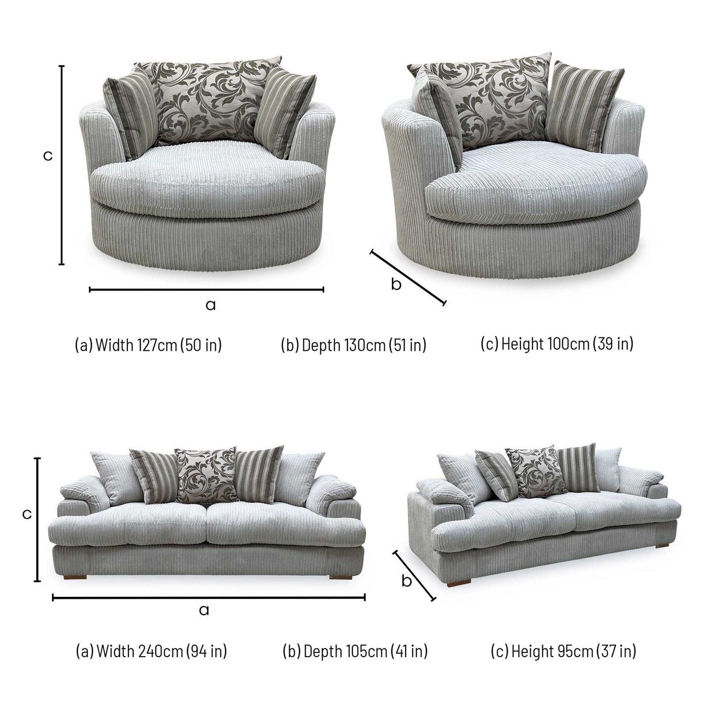 ‘Celine’ Mink and Mocha Jumbo Cord Fabric 4 Seater Pillow Back Sofa with Large Swivel Chair