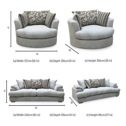 ‘Celine’ Mink and Mocha Jumbo Cord Fabric 4 Seater Pillow Back Sofa with Large Swivel Chair