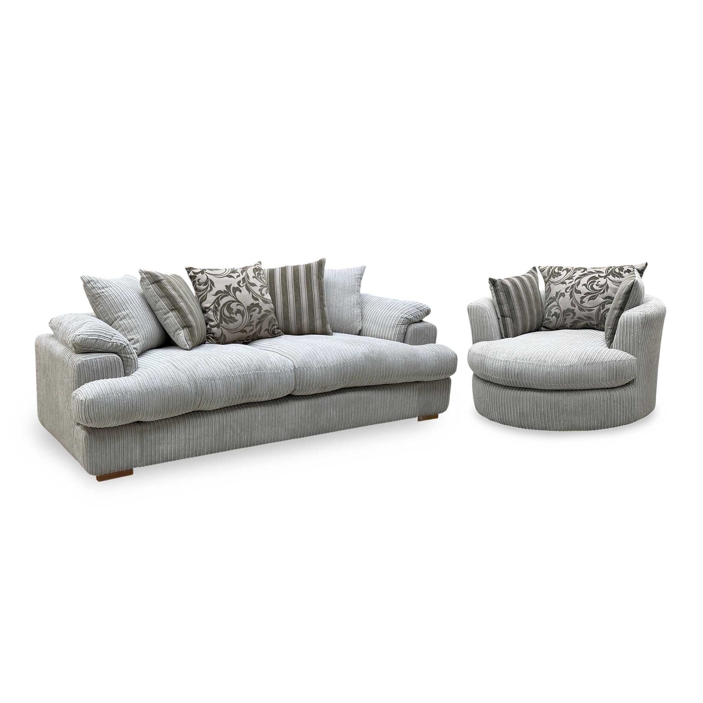 ‘Celine’ Mink and Mocha Jumbo Cord Fabric 4 Seater Pillow Back Sofa with Large Swivel Chair