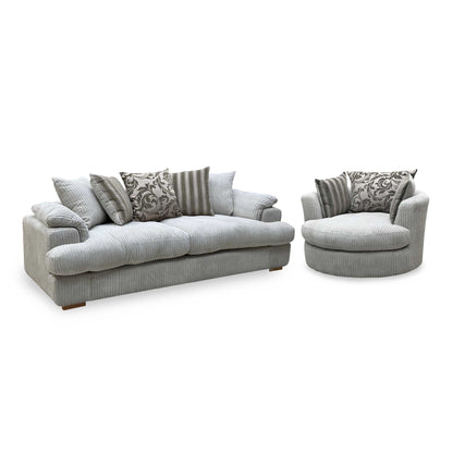 ‘Celine’ Mink and Mocha Jumbo Cord Fabric 4 Seater Pillow Back Sofa with Large Swivel Chair