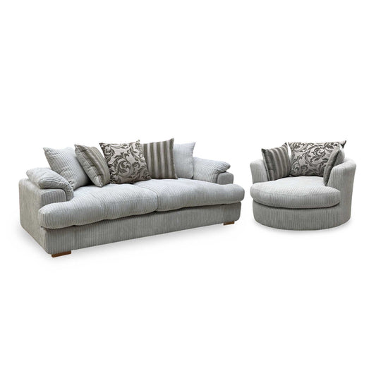 ‘Celine’ Mink and Mocha Jumbo Cord Fabric 4 Seater Pillow Back Sofa with Large Swivel Chair